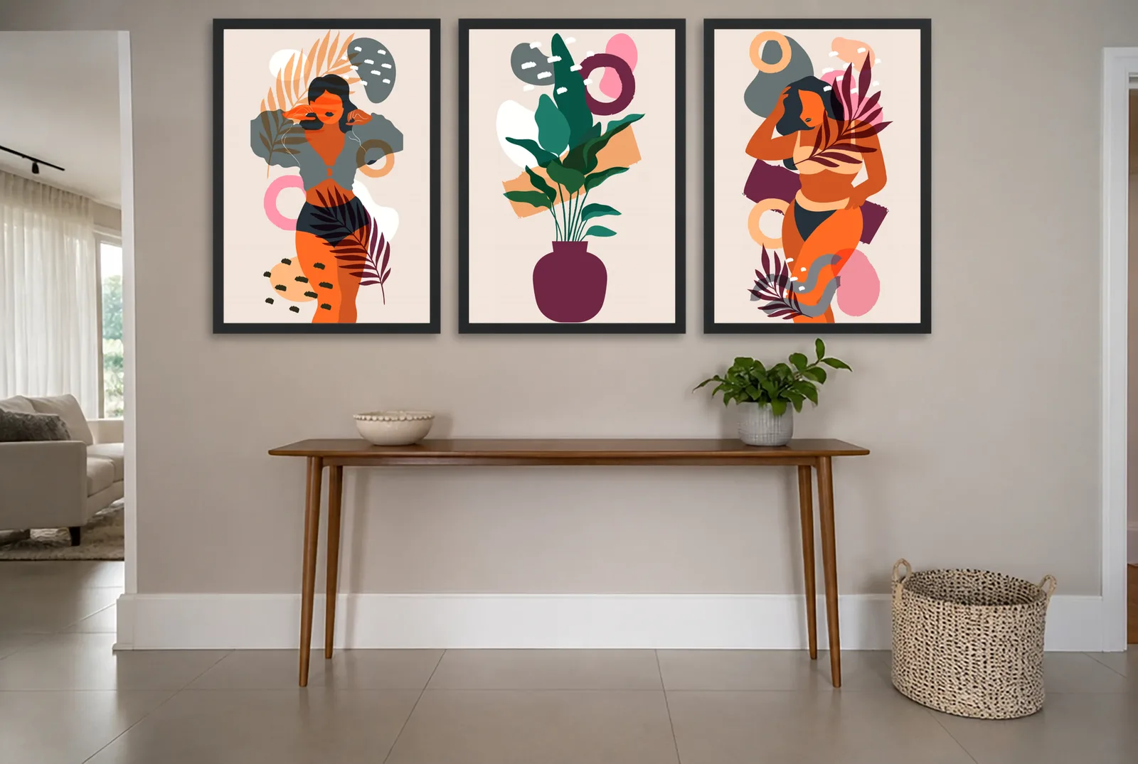 Pôster Trio boho de mulheres com folhagem emoldurado na parede: hall de entrada
