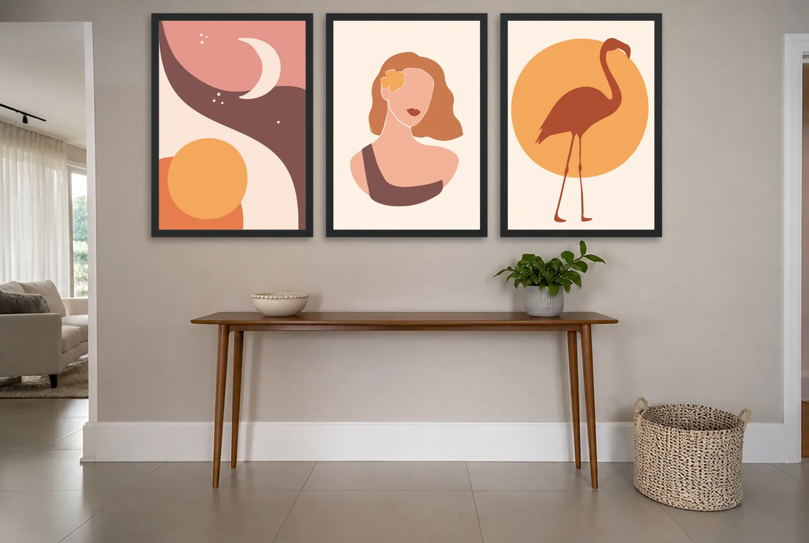 Pôster Trio boho de lua, mulher e flamingo emoldurado na parede: hall de entrada