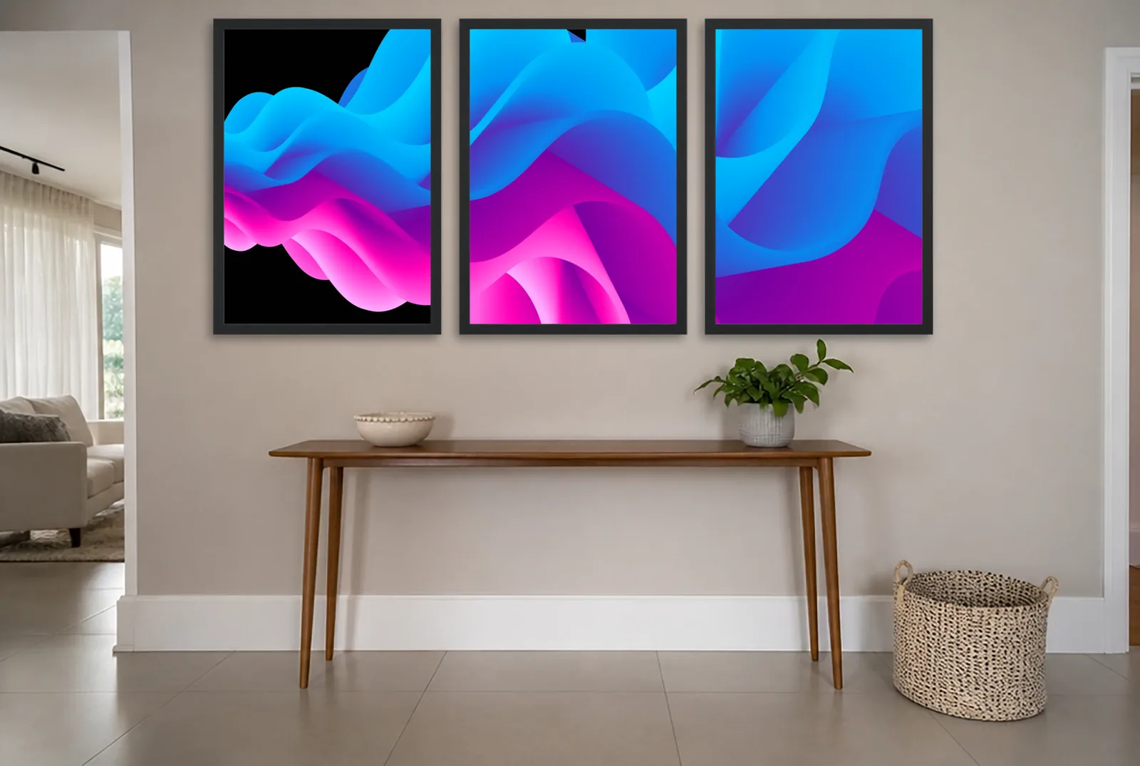 Pôster Trio abstrato em degradê azul e magenta emoldurado na parede: hall de entrada