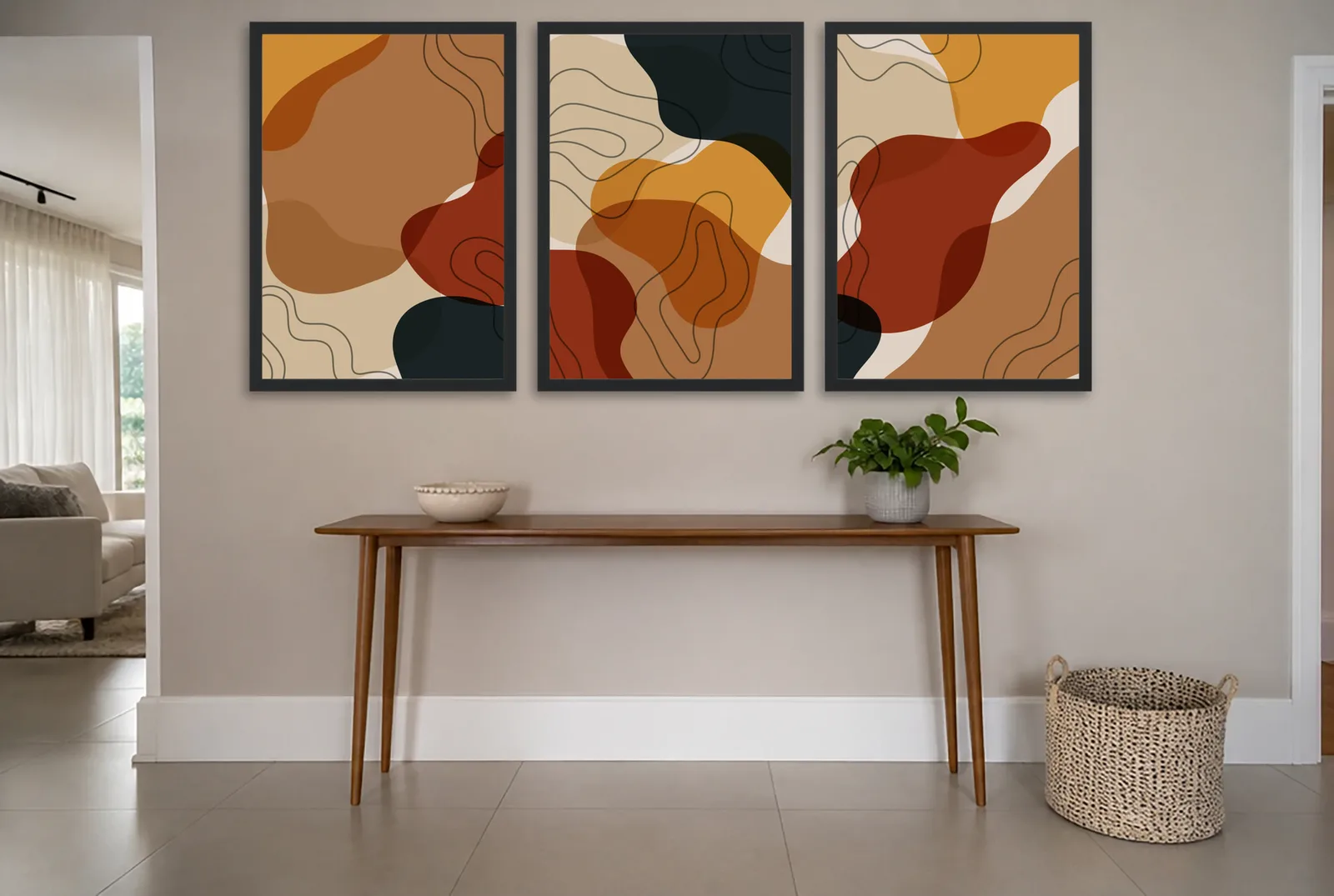 Pôster Trio abstrato em terracota e mostarda emoldurado na parede: hall de entrada