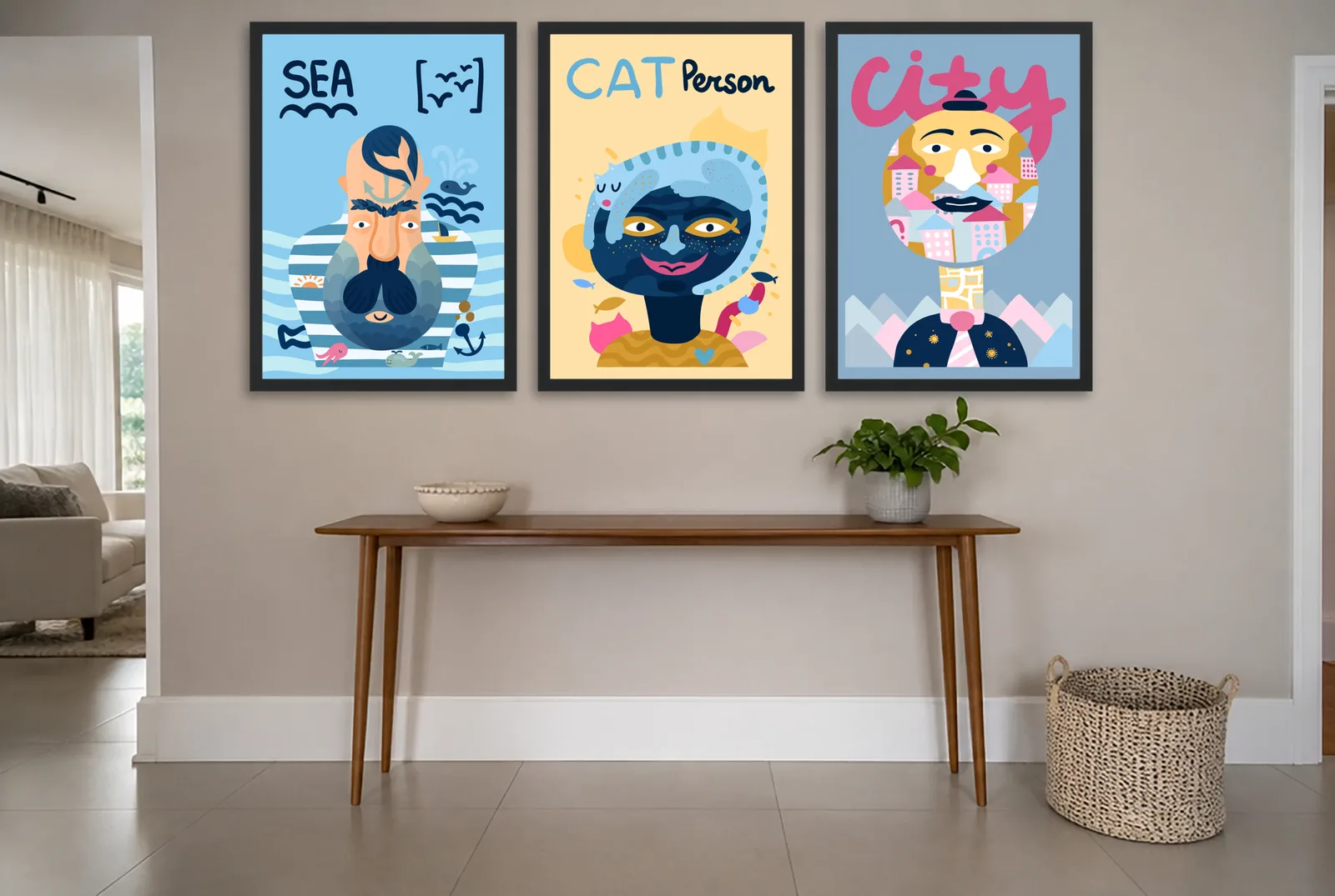 Pôster Trio pop art de marinheiro, gato e cidade emoldurado na parede: hall de entrada