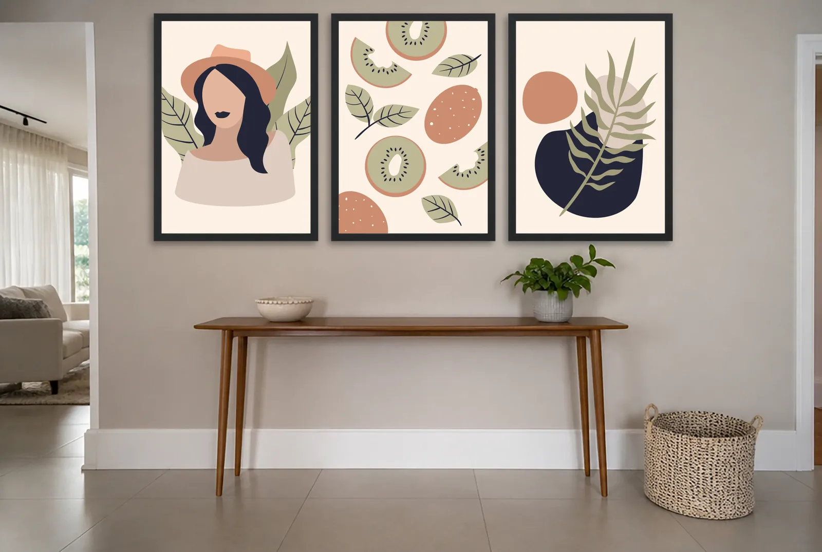 Pôster Trio ilustrado de mulher, kiwi e folha emoldurado na parede: hall de entrada