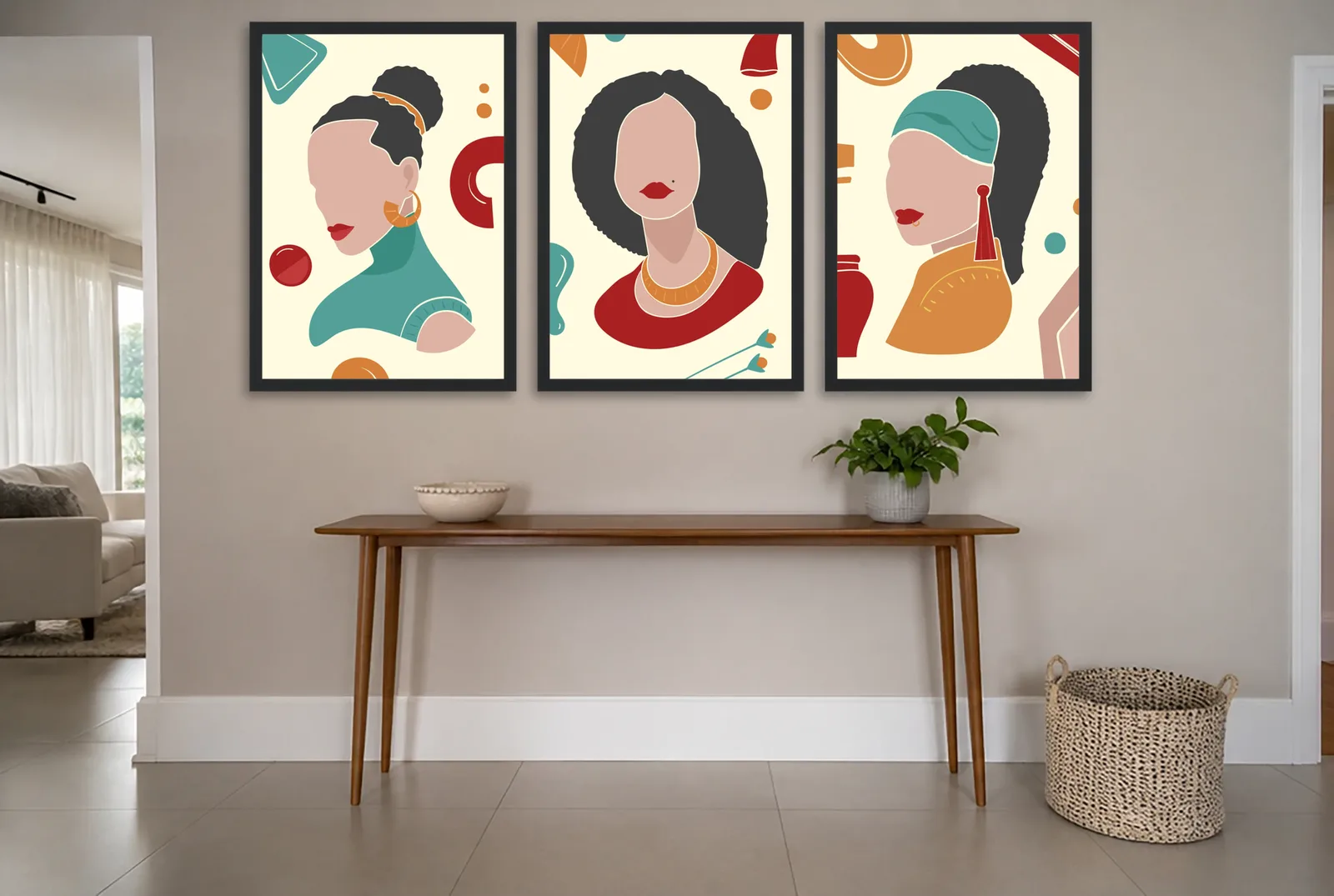 Pôster Trio ilustrado de retratos femininos emoldurado na parede: hall de entrada