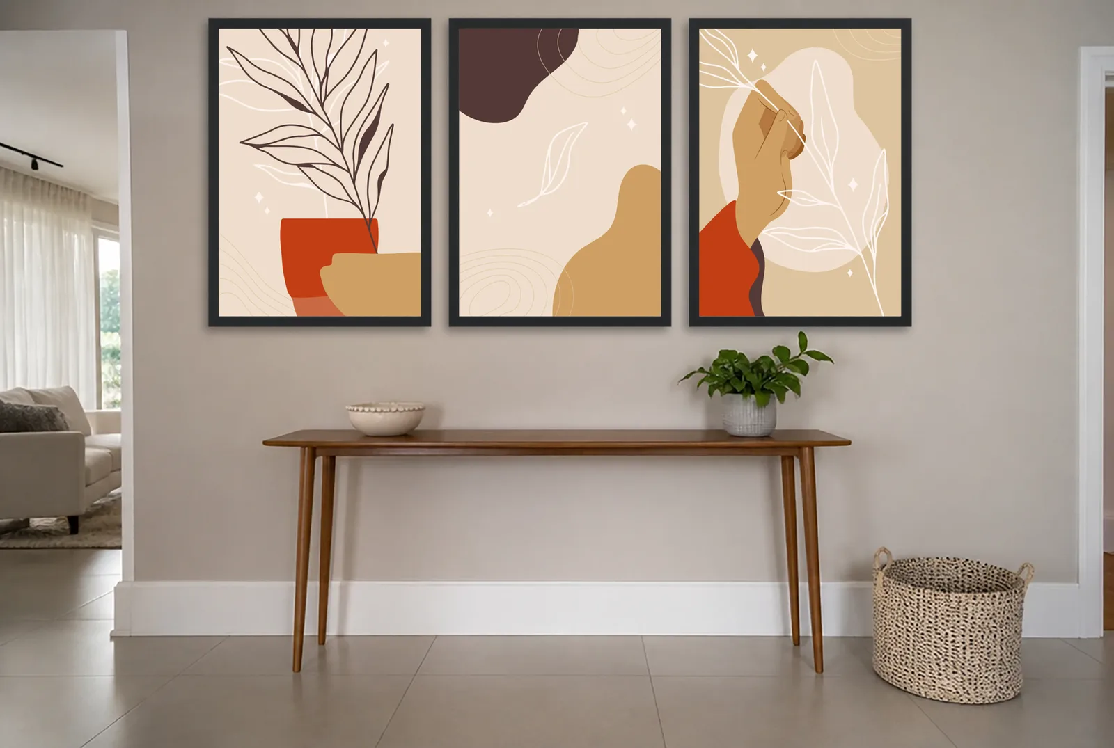 Pôster Trio boho de planta, formas e retrato emoldurado na parede: hall de entrada