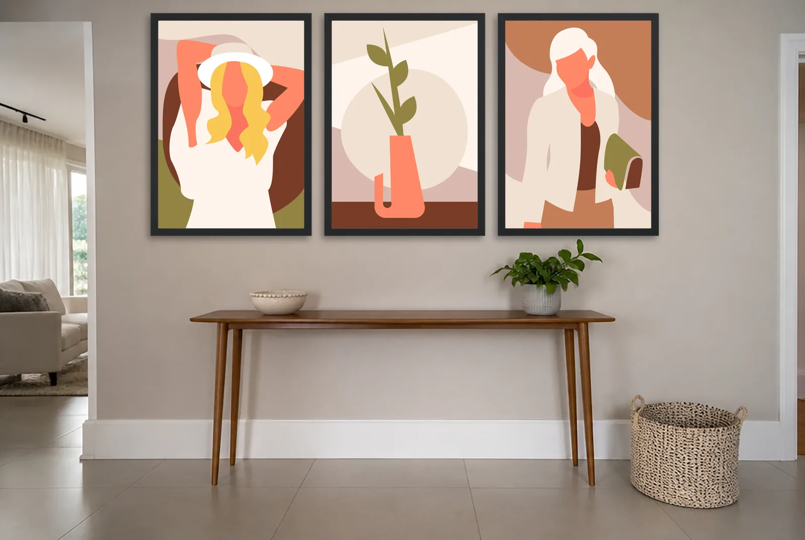 Pôster Trio ilustrado de moda e vaso terracota emoldurado na parede: hall de entrada