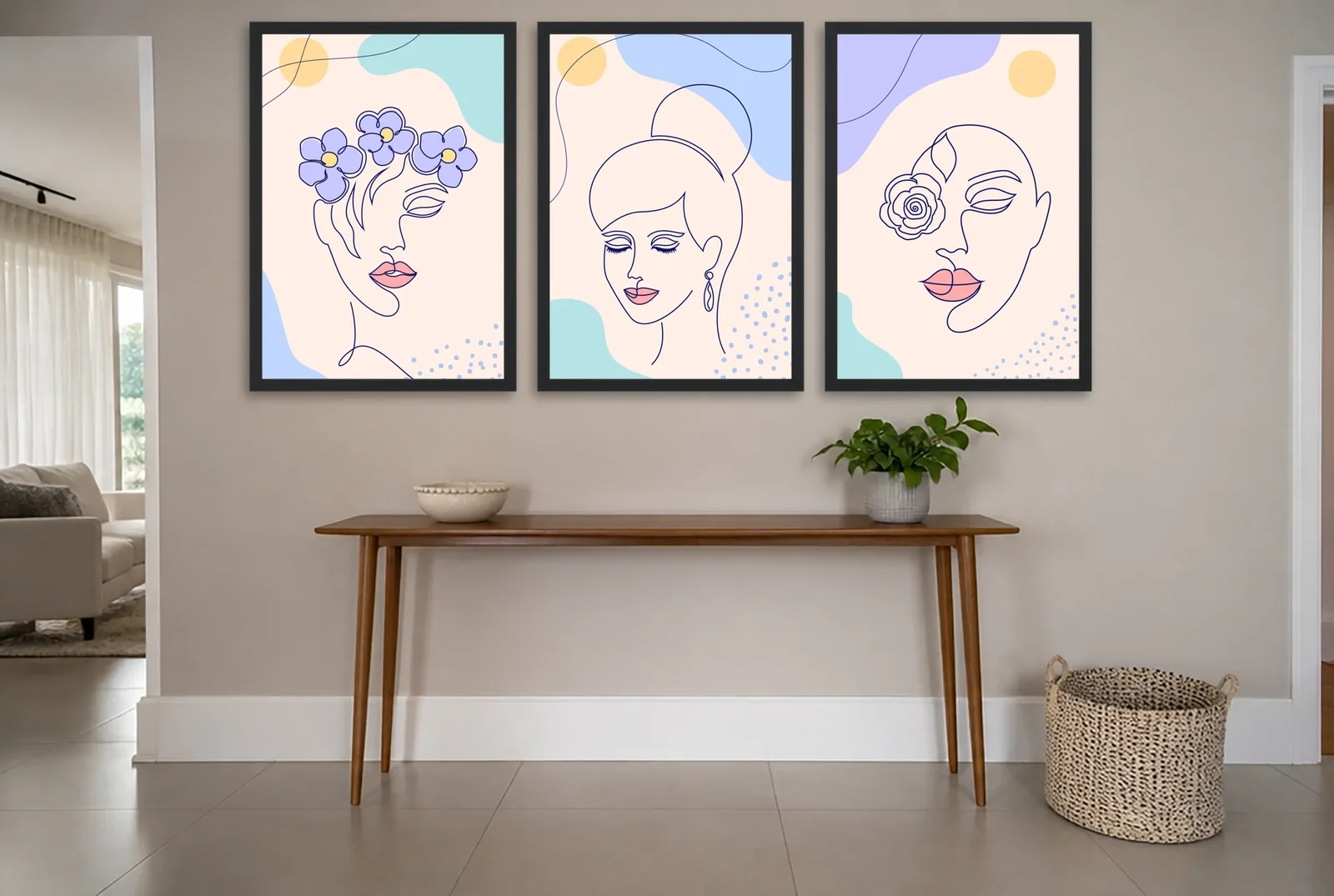 Pôster Trio de rostos em linha com flores emoldurado na parede: hall de entrada
