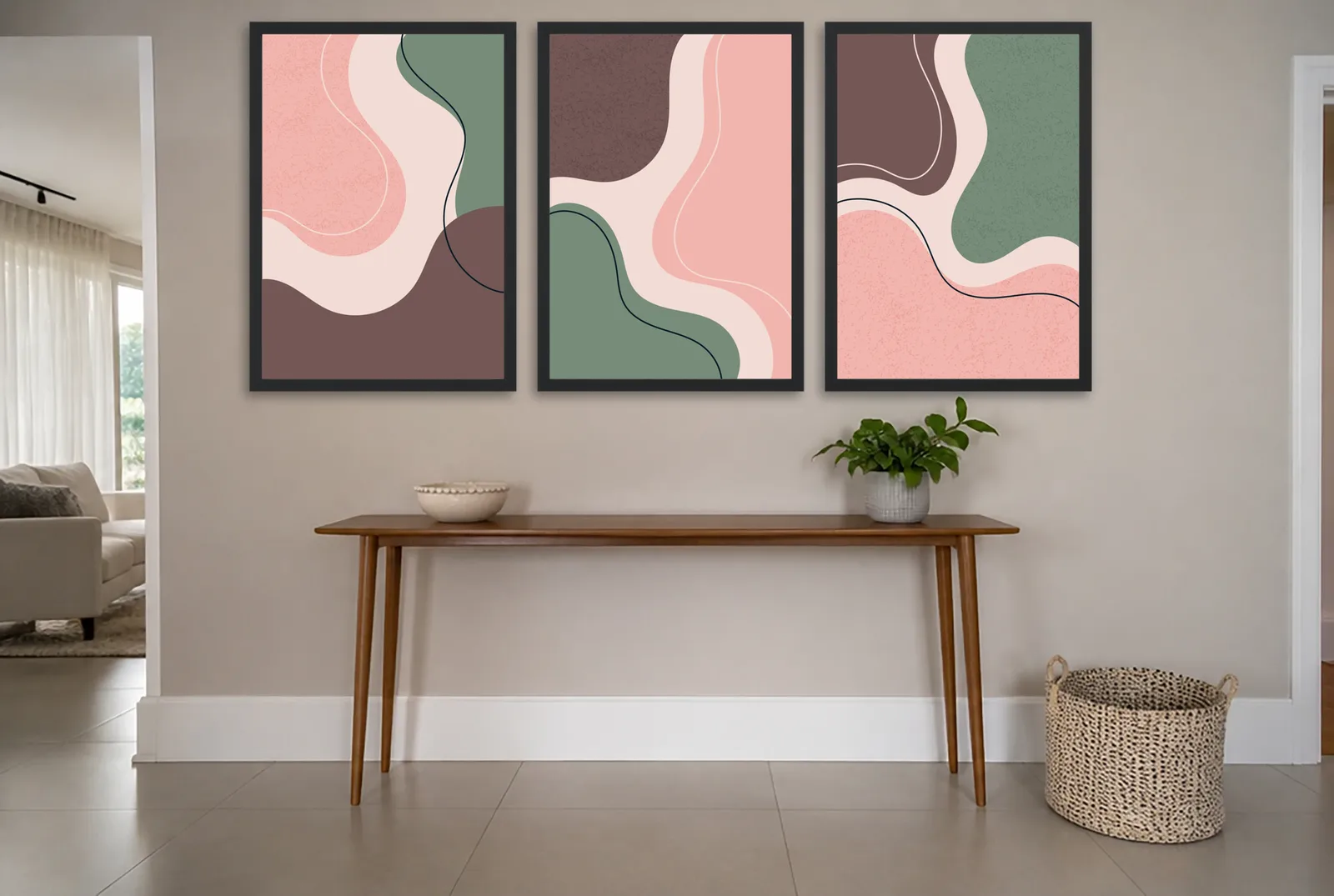 Pôster Trio abstrato em rosa e verde-oliva emoldurado na parede: hall de entrada