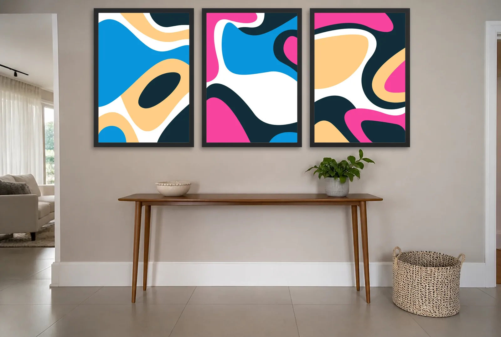 Pôster Trio abstrato retrô em azul e magenta emoldurado na parede: hall de entrada