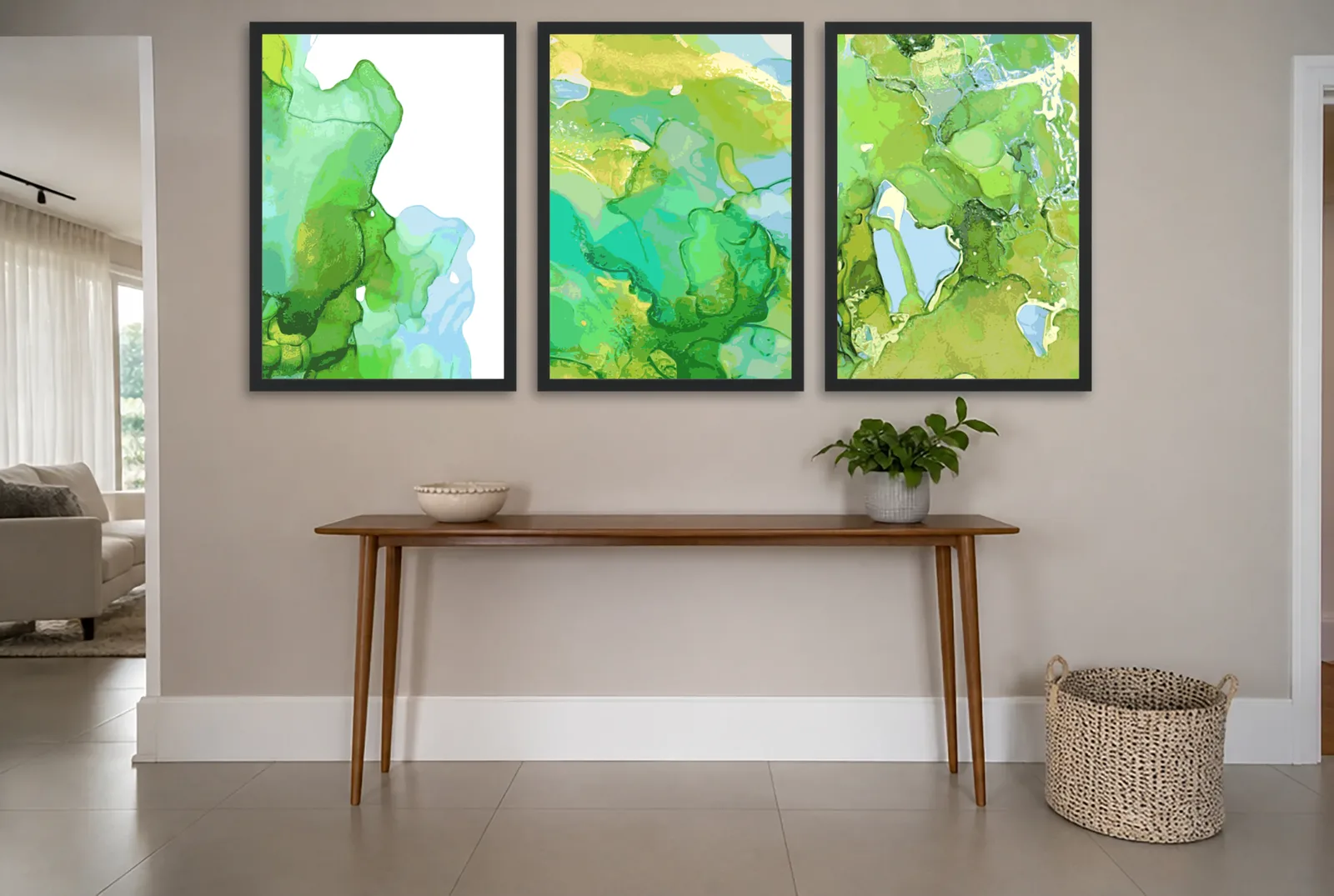 Pôster Trio de mármore líquido em verde e azul emoldurado na parede: hall de entrada