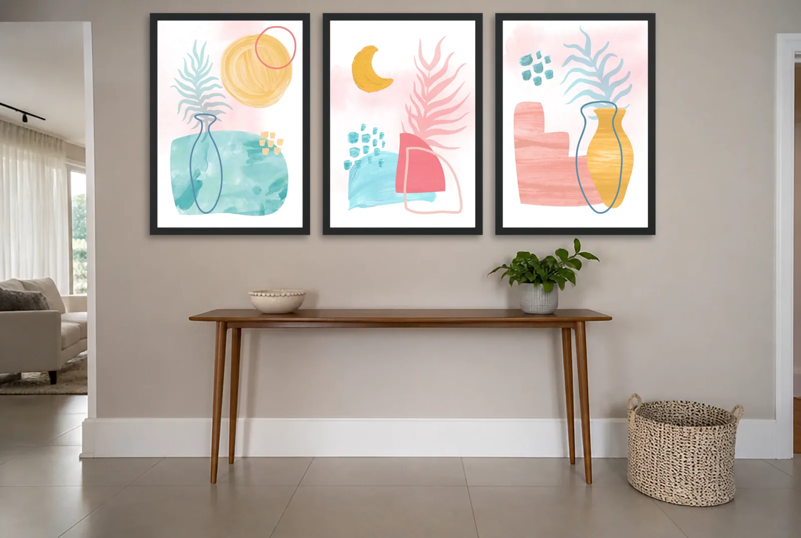 Pôster Trio botânico de vasos em aquarela emoldurado na parede: hall de entrada
