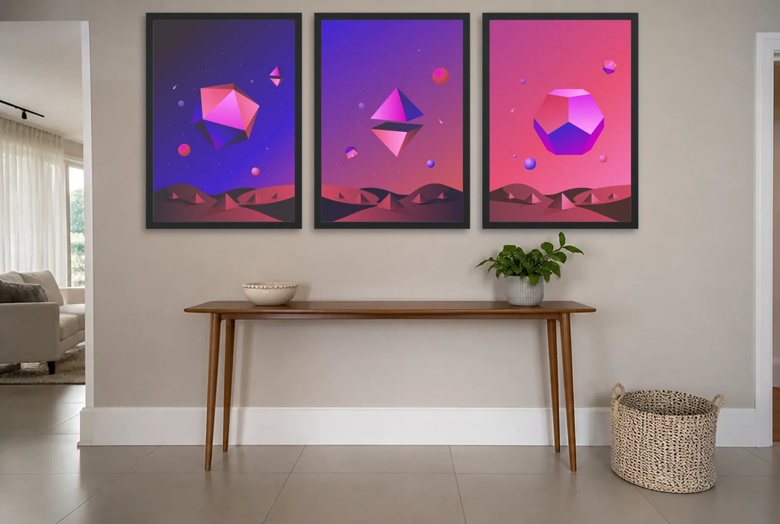 Pôster Trio 3D de cristais sobre céu gradiente emoldurado na parede: hall de entrada