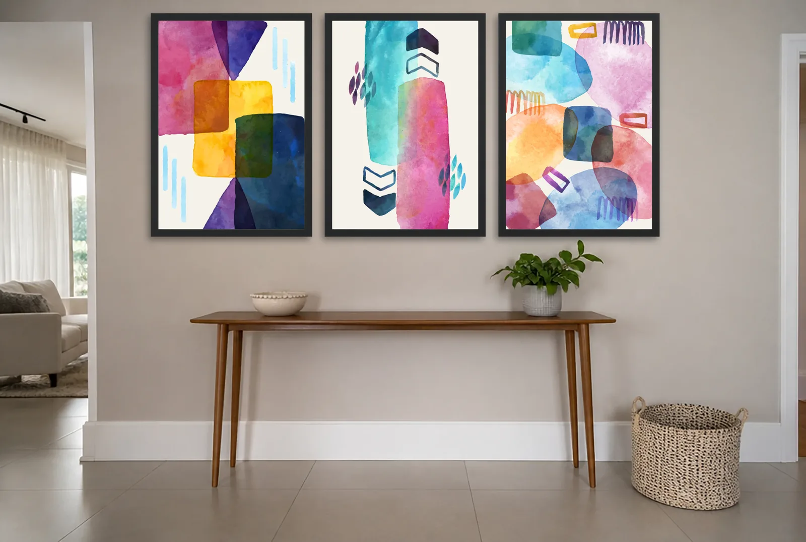 Pôster Trio abstrato geométrico em magenta e turquesa emoldurado na parede: hall de entrada