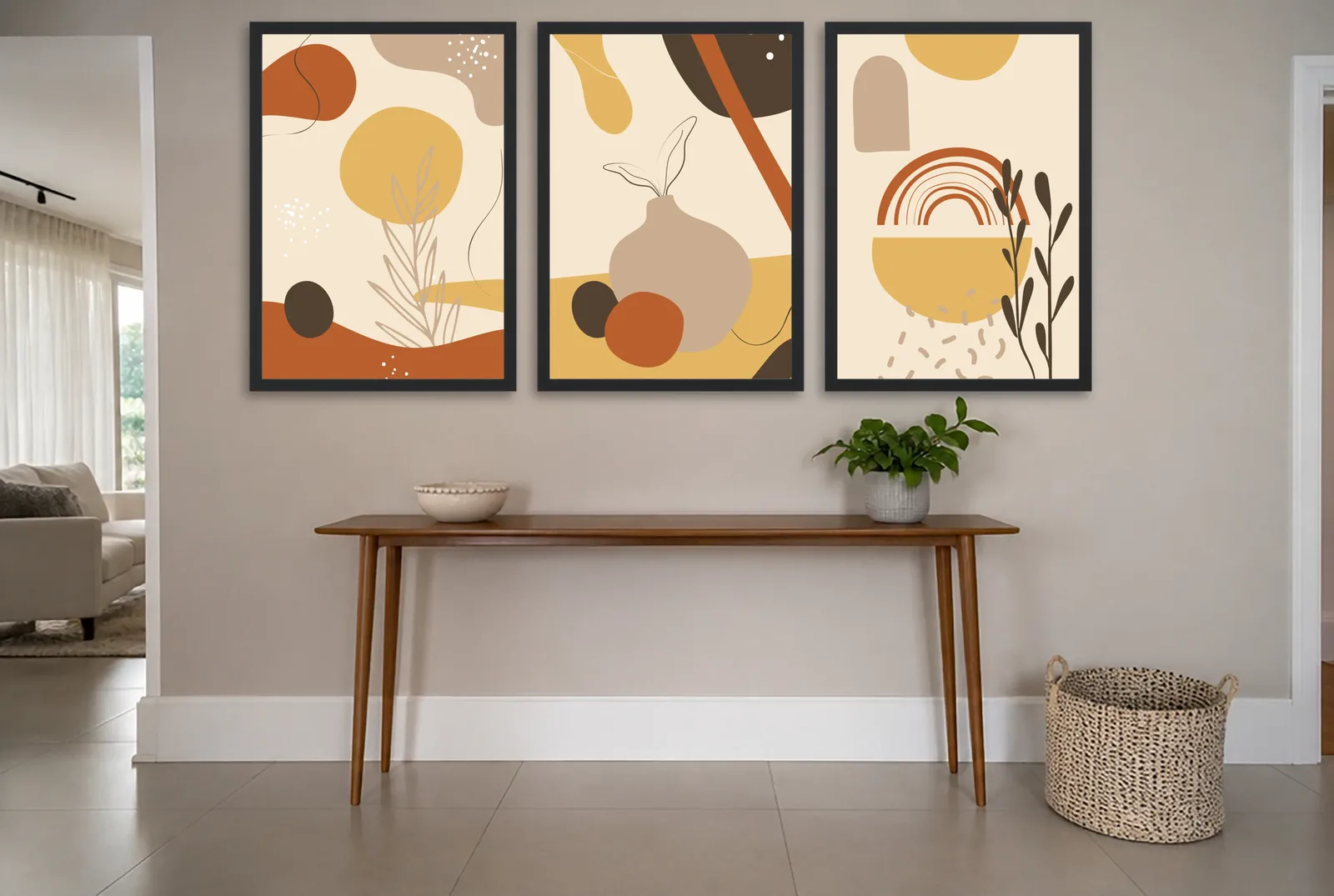 Pôster Trio abstrato de vaso e arco em terracota emoldurado na parede: hall de entrada