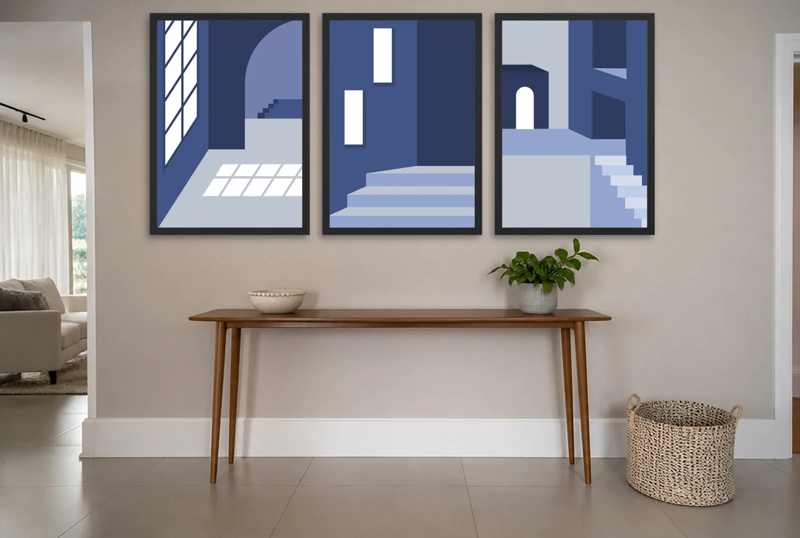 Pôster Trio arquitetônico de escadas em azul emoldurado na parede: hall de entrada