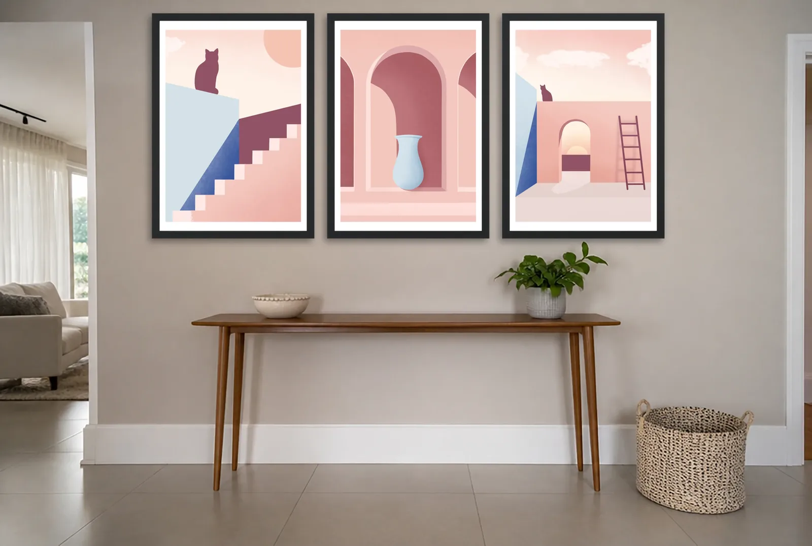 Pôster Trio mediterrâneo em rosa com gato emoldurado na parede: hall de entrada