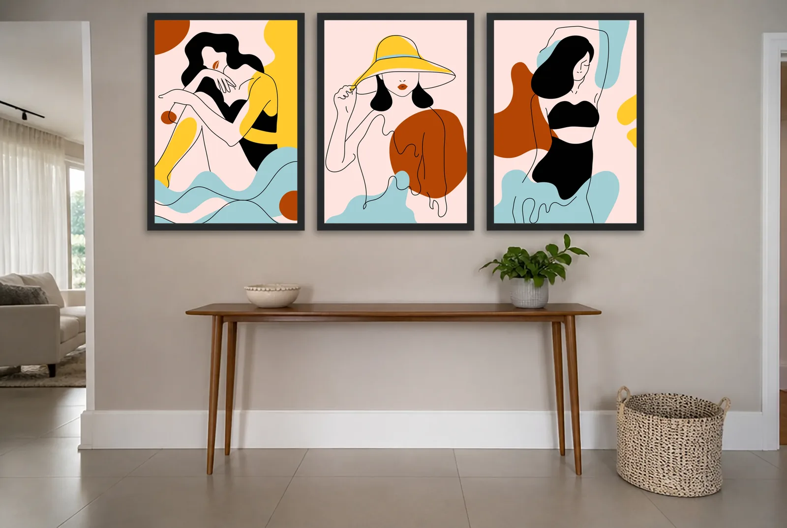 Pôster Trio de mulheres em traço contínuo colorido emoldurado na parede: hall de entrada