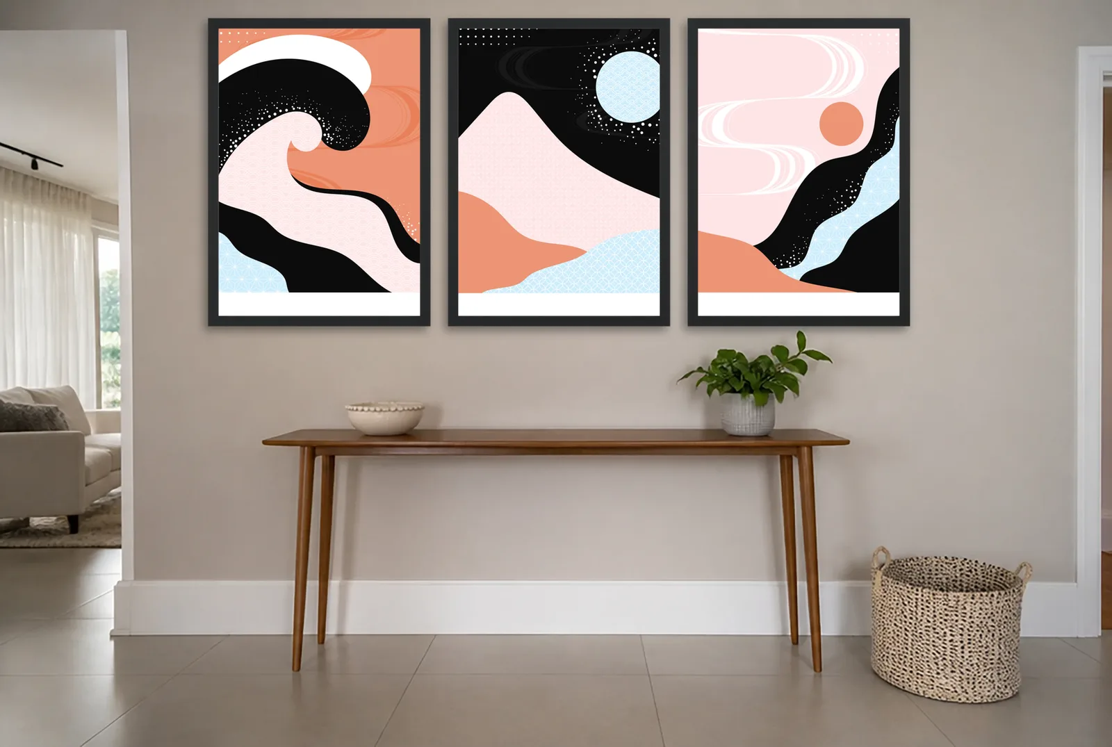 Pôster Trio abstrato de ondas em preto e coral emoldurado na parede: hall de entrada