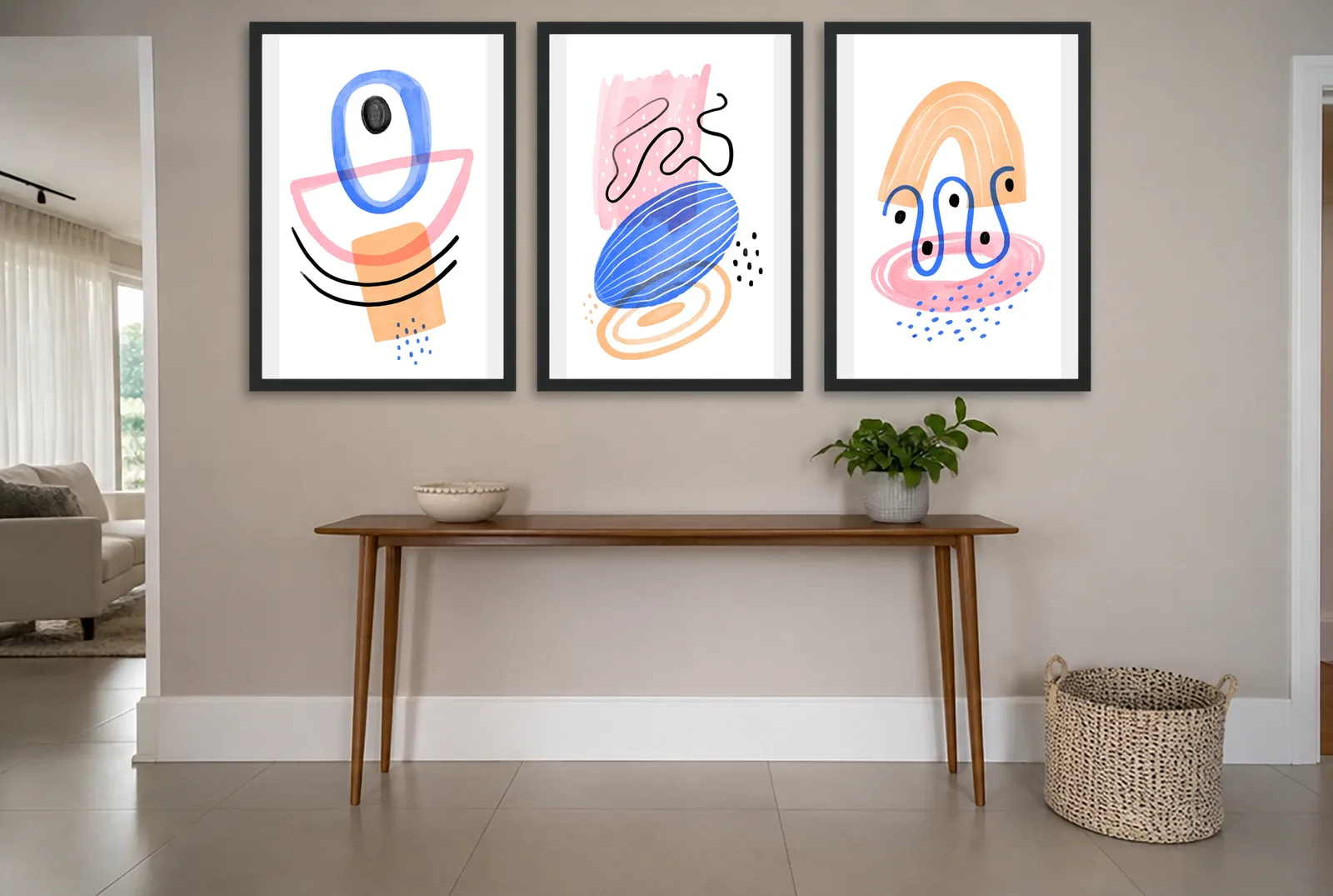 Pôster Trio abstrato lúdico em azul e laranja emoldurado na parede: hall de entrada
