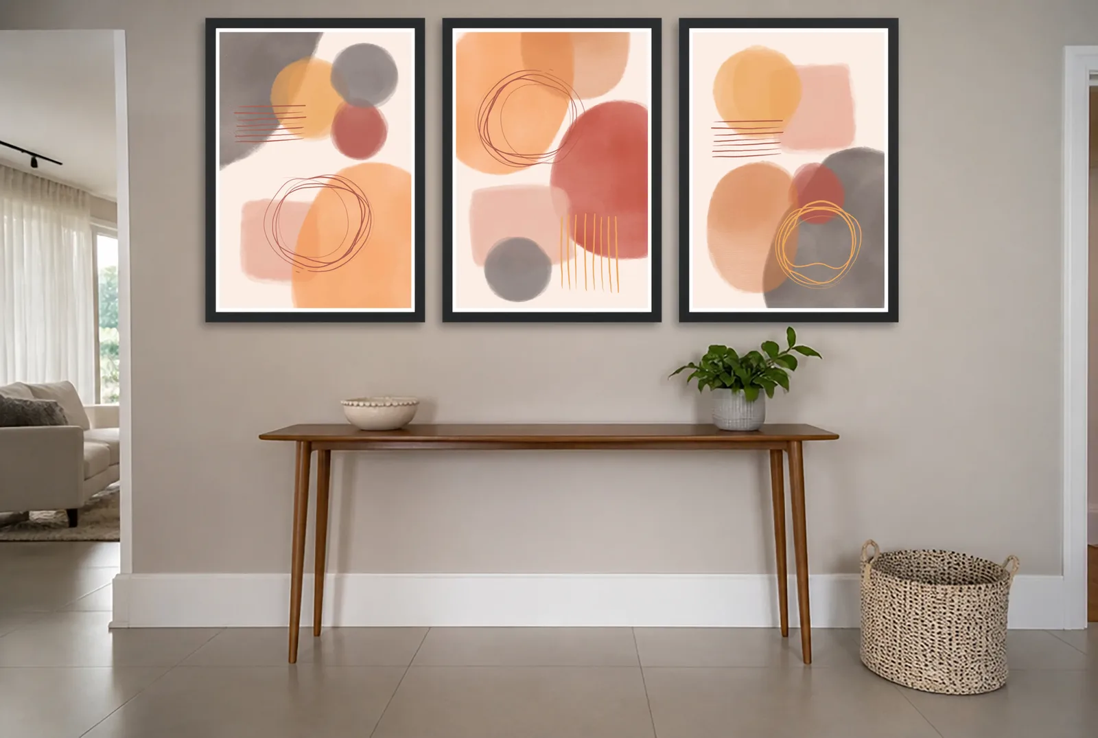 Pôster Trio aquarela em terracota e cinza emoldurado na parede: hall de entrada