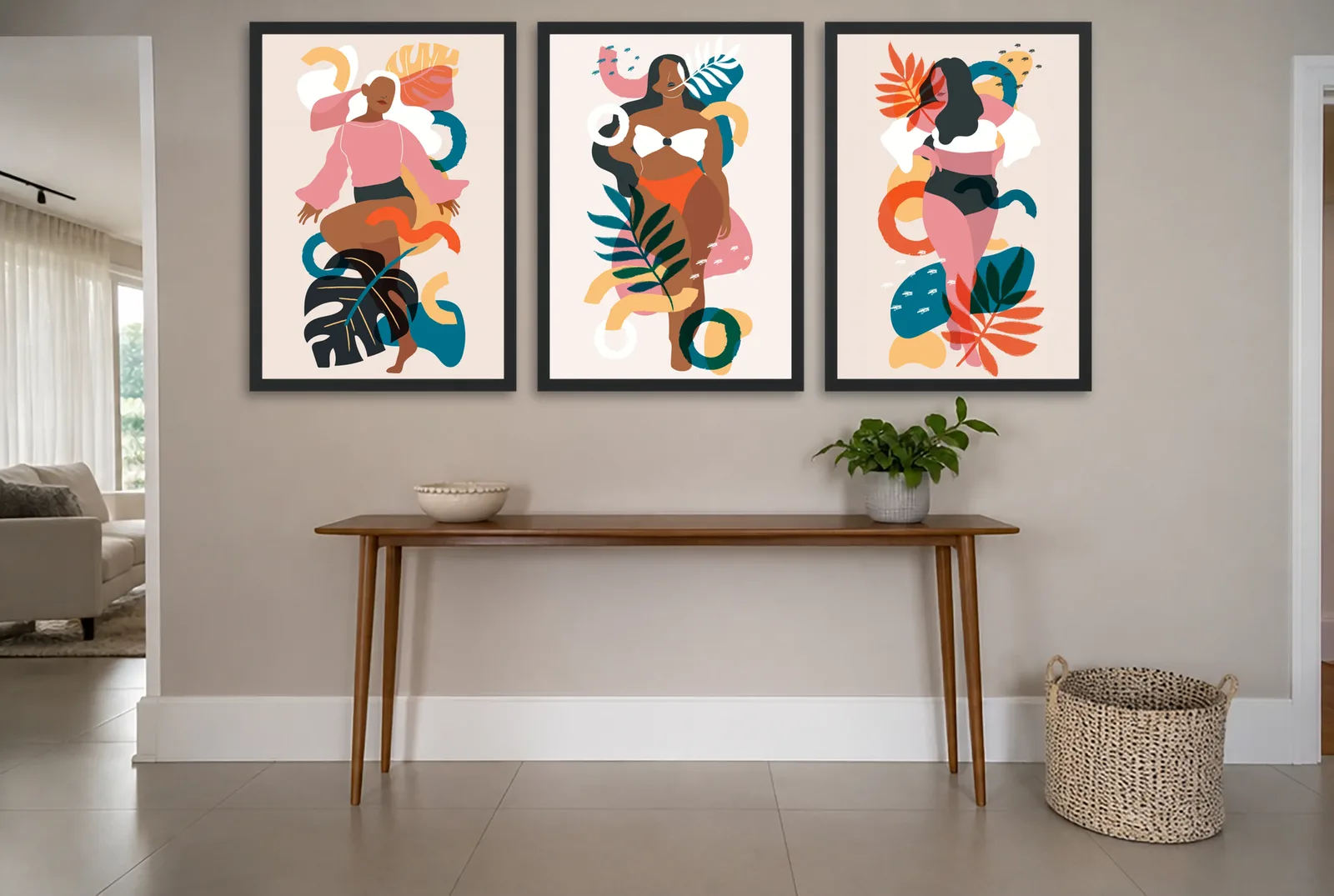 Pôster Trio ilustrado de mulheres e folhagem tropical emoldurado na parede: hall de entrada