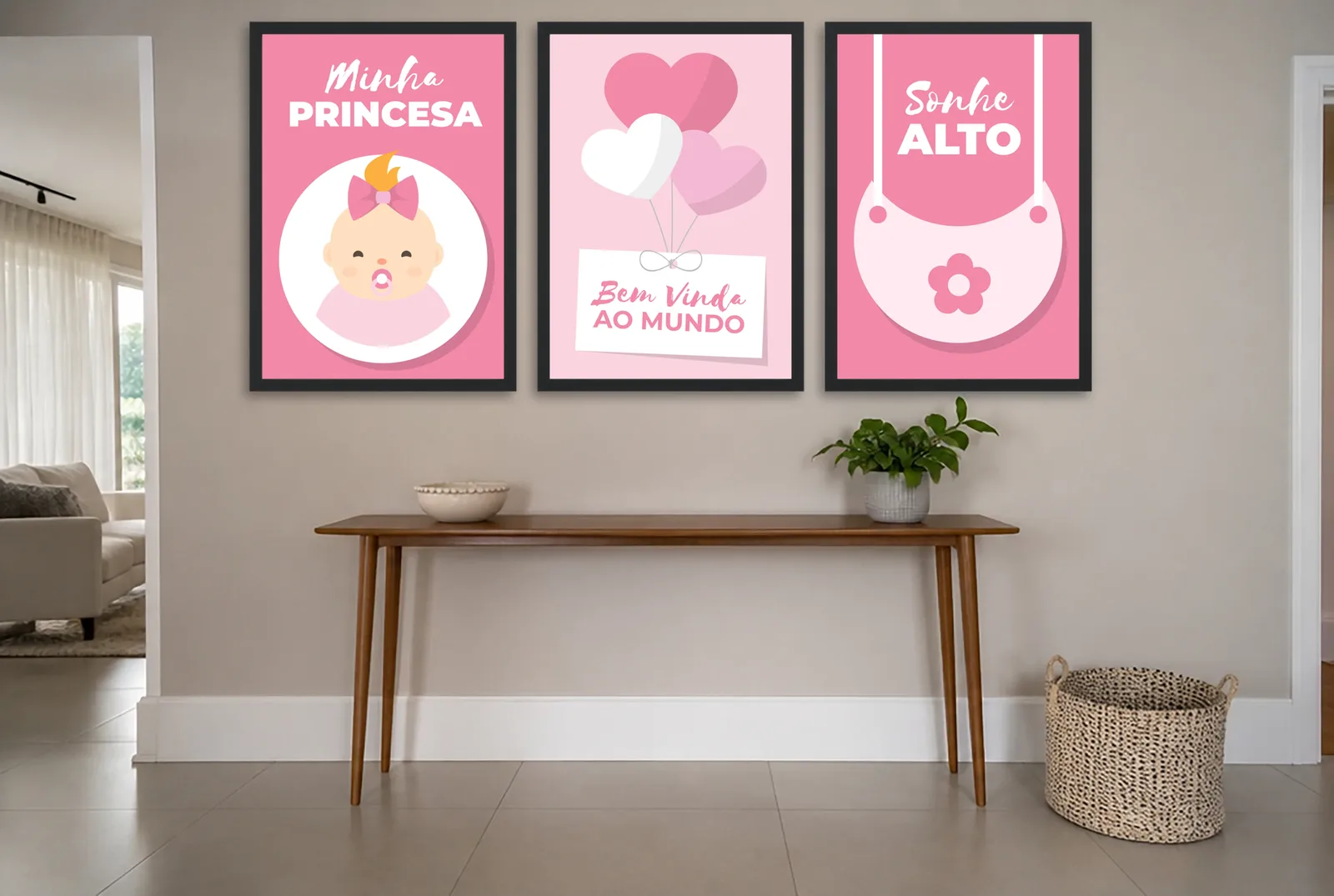 Pôster Trio infantil de balões de coração em rosa emoldurado na parede: hall de entrada