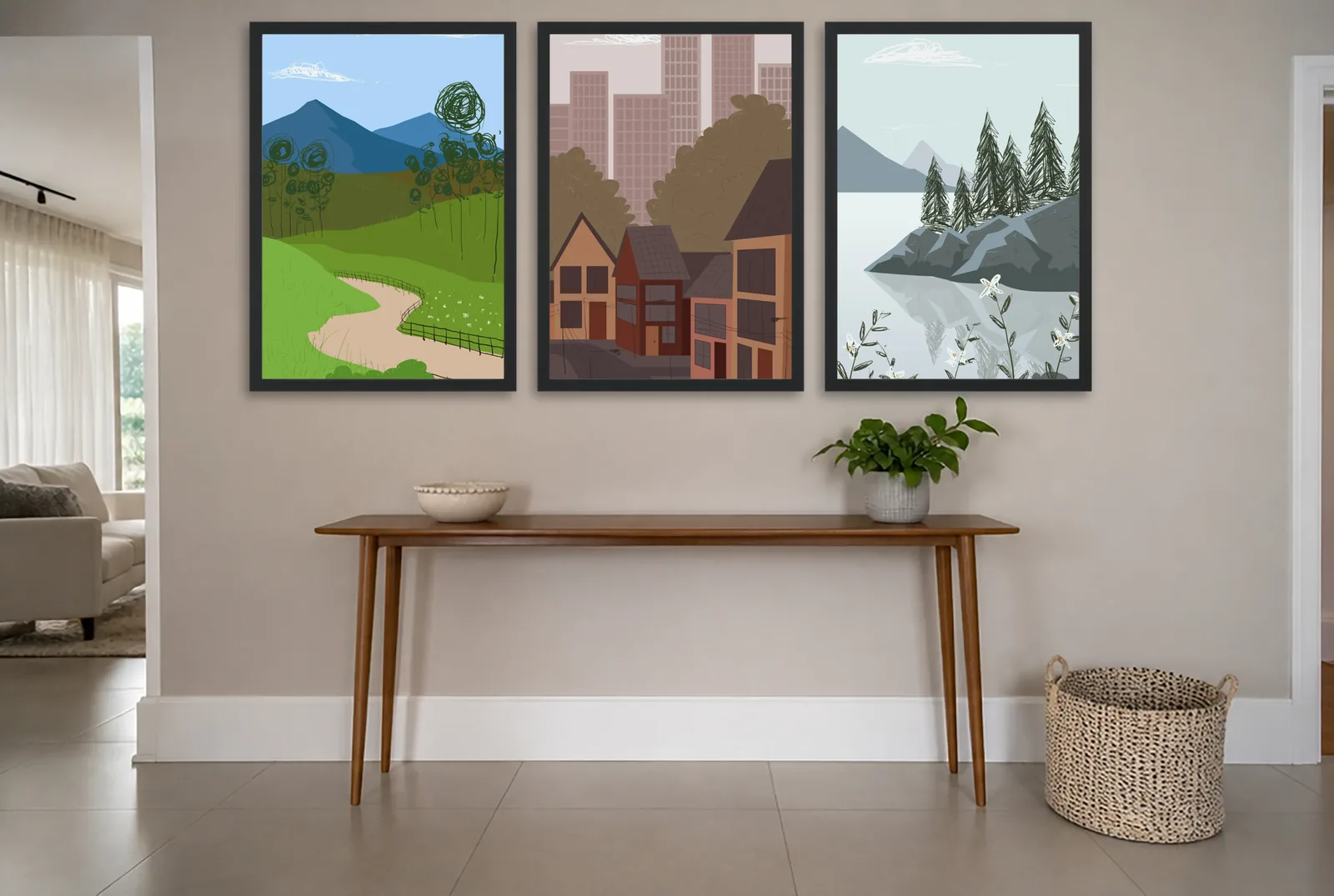 Pôster Trio de vilarejo e paisagem montanhosa emoldurado na parede: hall de entrada