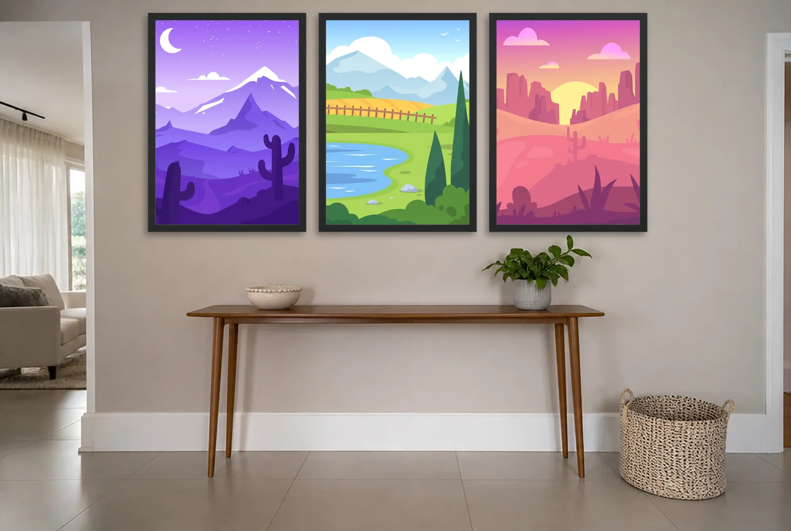 Pôster Trio de deserto e cactos em roxo e rosa emoldurado na parede: hall de entrada