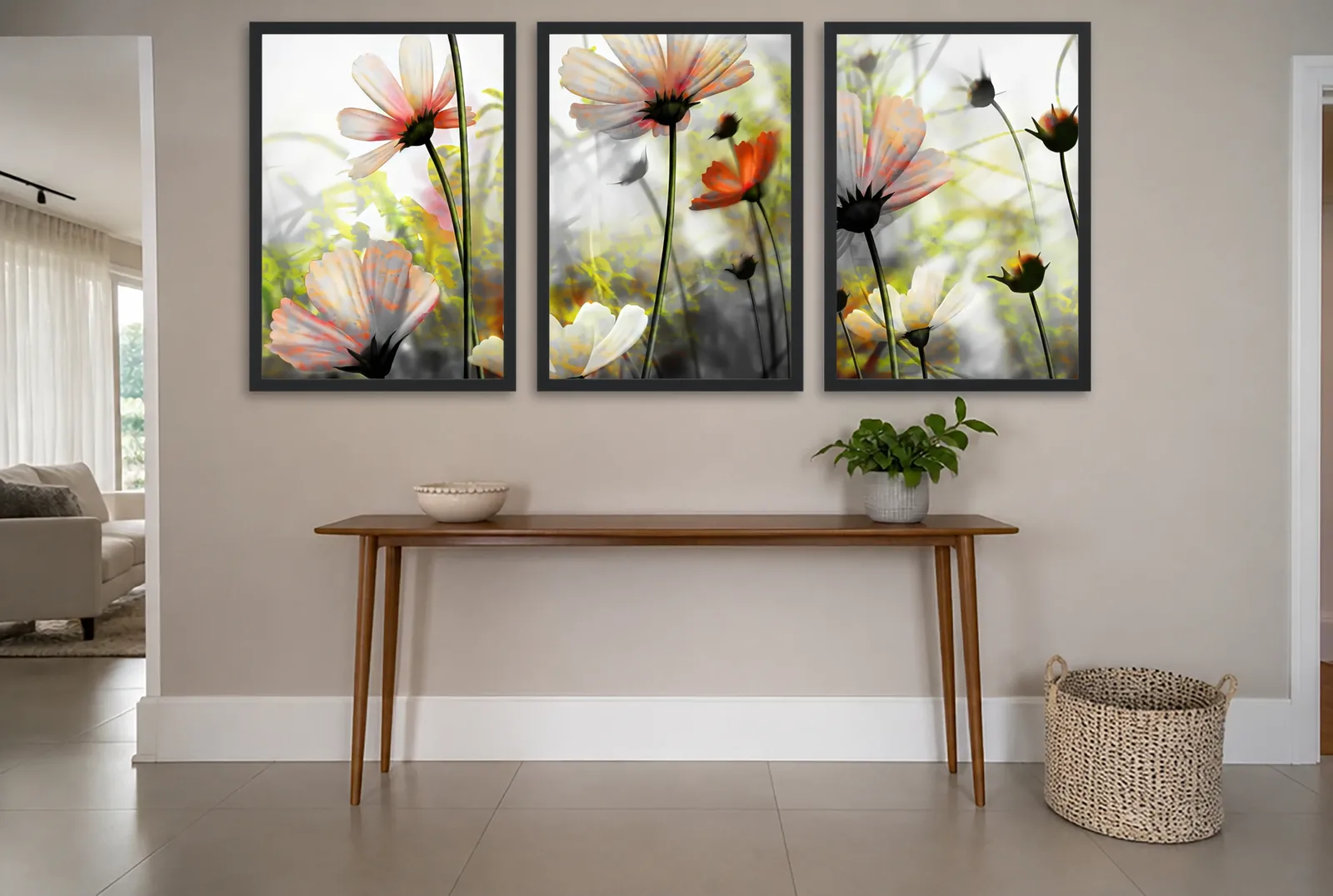 Pôster Trio de flores cosmos em fotografia emoldurado na parede: hall de entrada