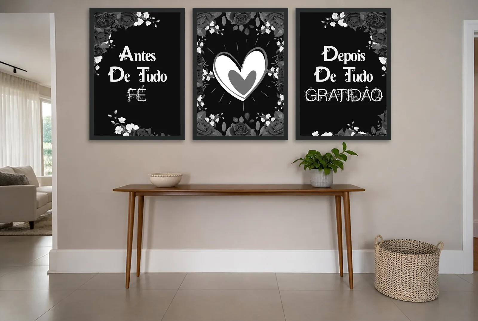 Pôster Trio preto de fé e gratidão com coração emoldurado na parede: hall de entrada