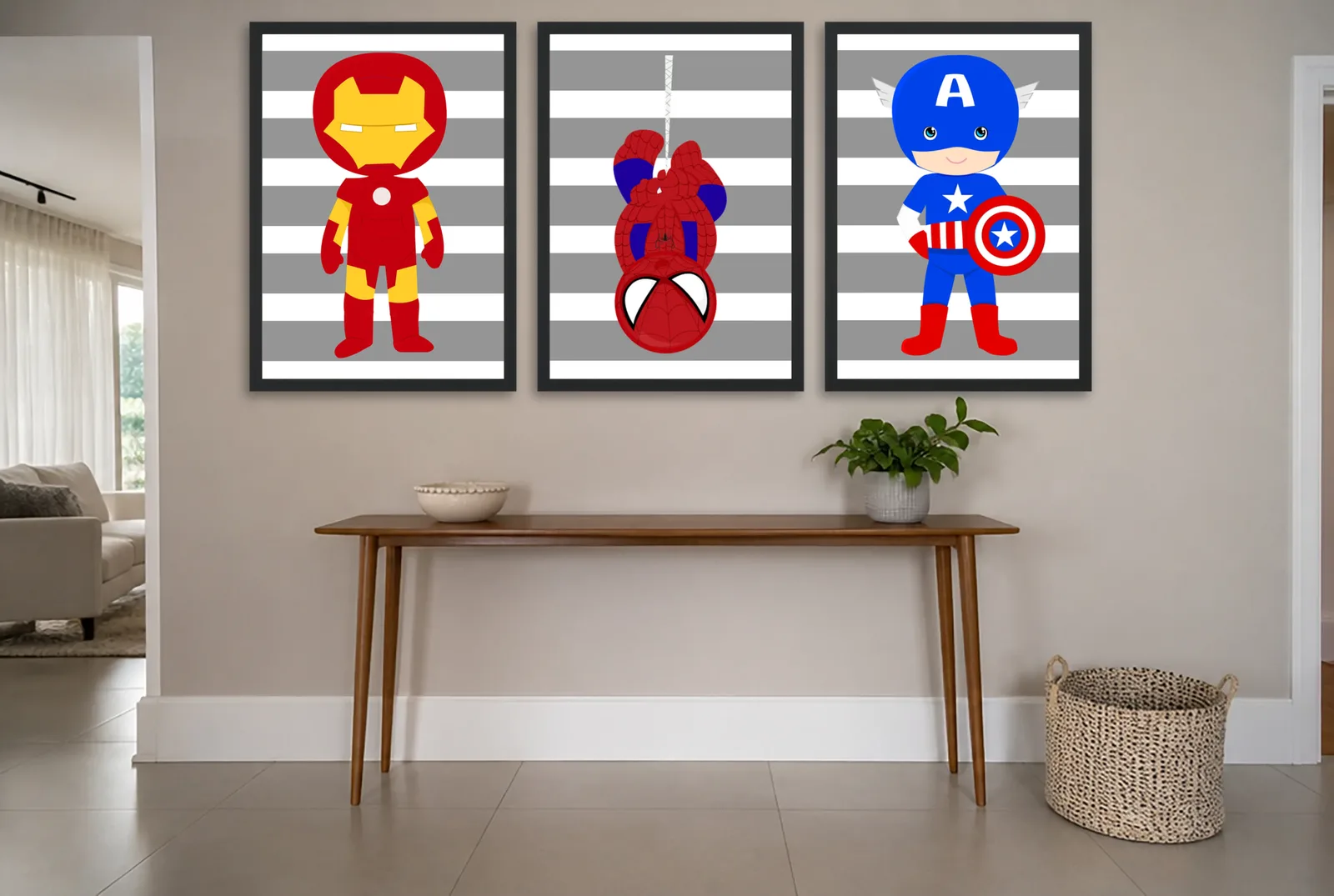 Pôster Trio kids de heróis Marvel listrado emoldurado na parede: hall de entrada