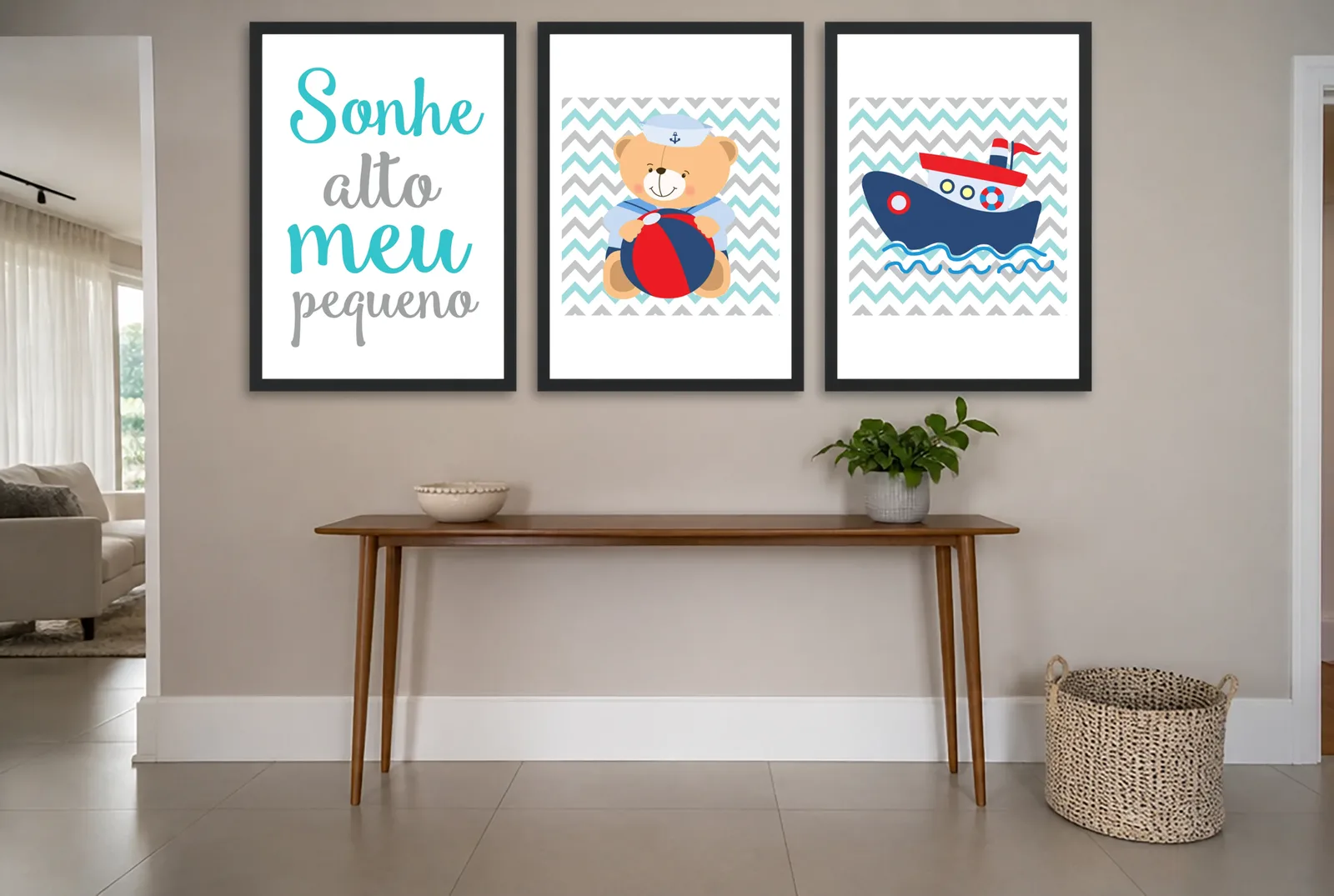Pôster Trio infantil náutico de urso e barquinho emoldurado na parede: hall de entrada