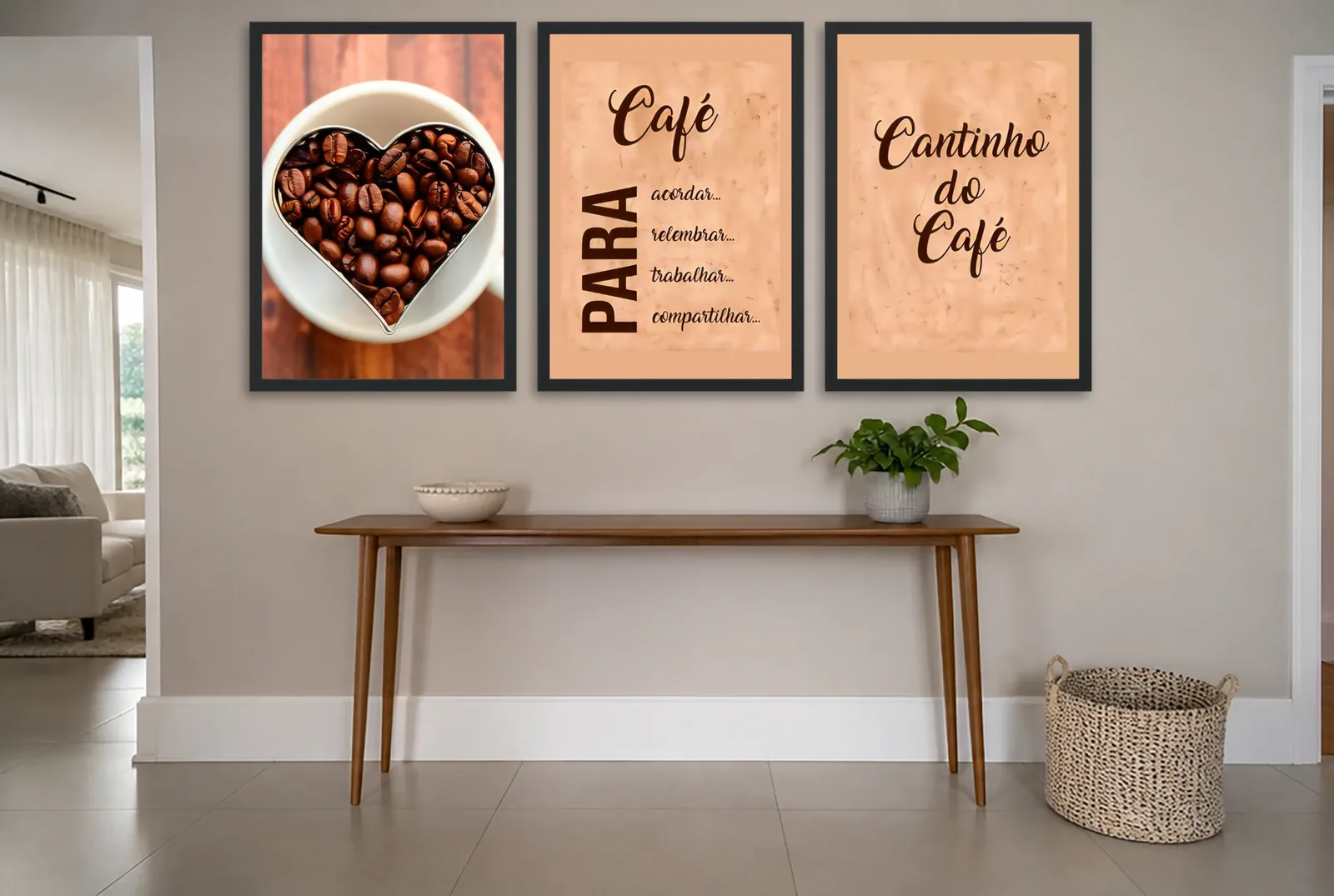 Pôster Trio de café com frase para a cozinha emoldurado na parede: hall de entrada