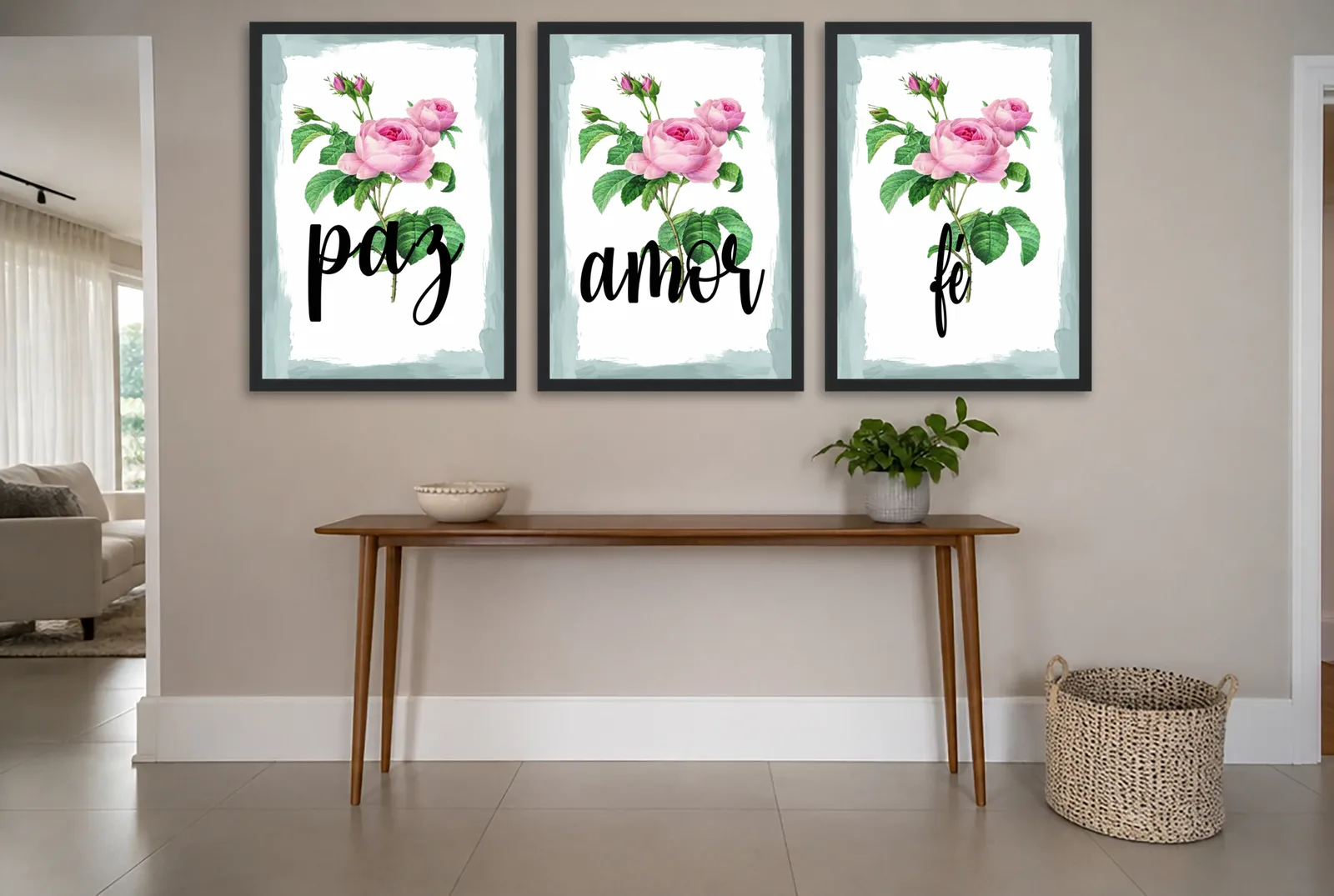 Pôster Trio paz, amor e fé com rosas de jardim emoldurado na parede: hall de entrada