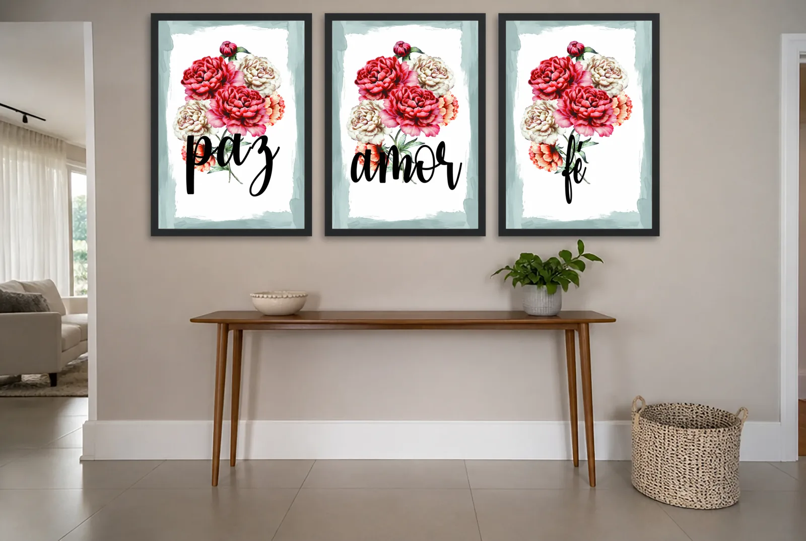 Pôster Trio paz, amor e fé com rosas vermelhas emoldurado na parede: hall de entrada