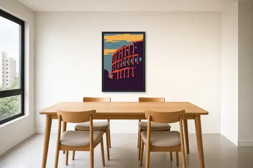 Pôster Coliseu em ilustração retrô emoldurado na parede: sala de jantar