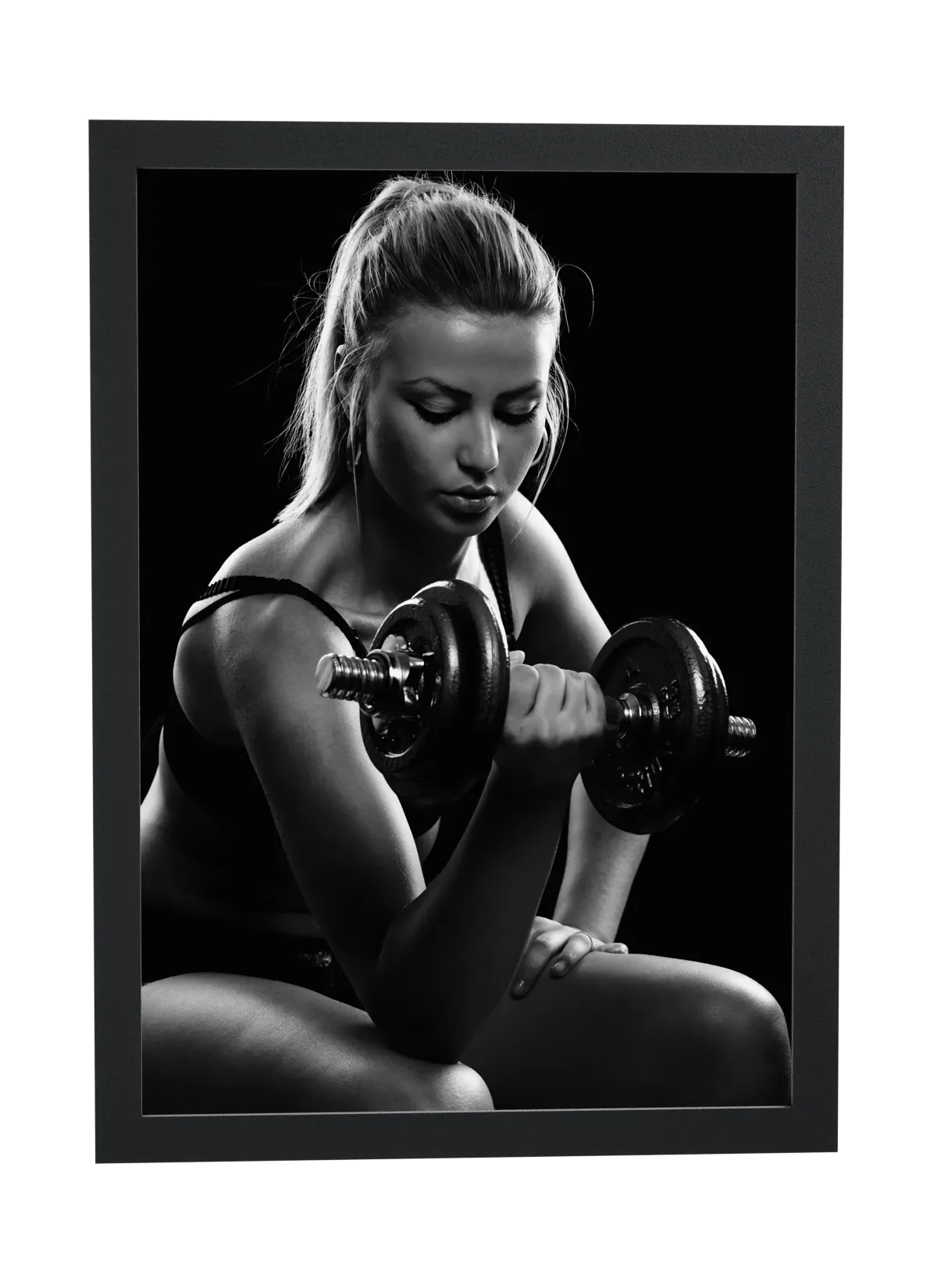 Pôster Mulher fazendo rosca com halter emoldurado