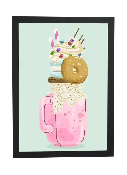 Pôster Milkshake rosa com donut emoldurado