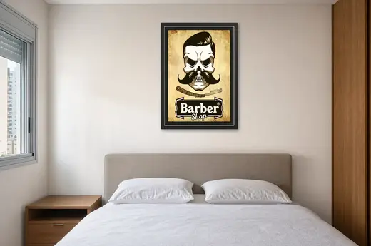 Pôster Caveira com bigode de barbeiro emoldurado na parede: quarto de casal