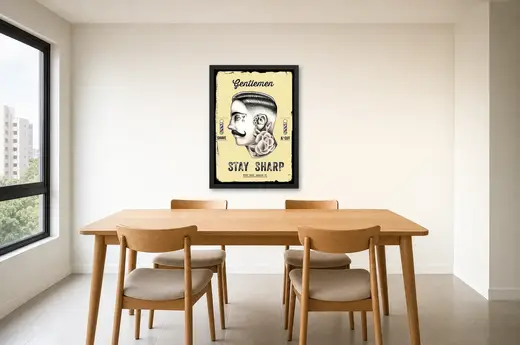 Pôster Cartaz vintage stay sharp emoldurado na parede: sala de jantar