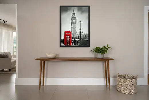 Pôster Big Ben com cabine vermelha emoldurado na parede: hall de entrada
