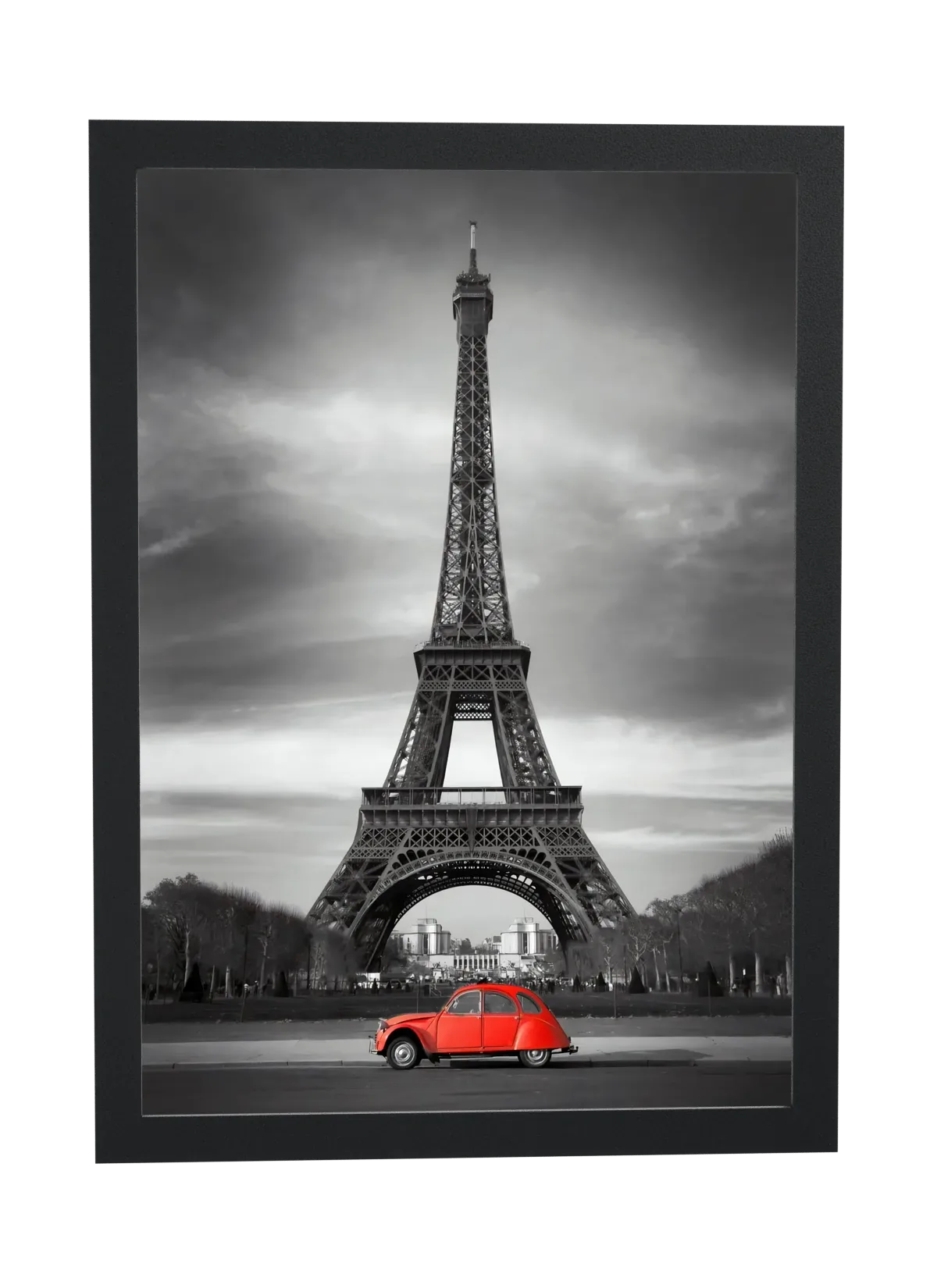 Pôster Torre Eiffel com carro vermelho emoldurado