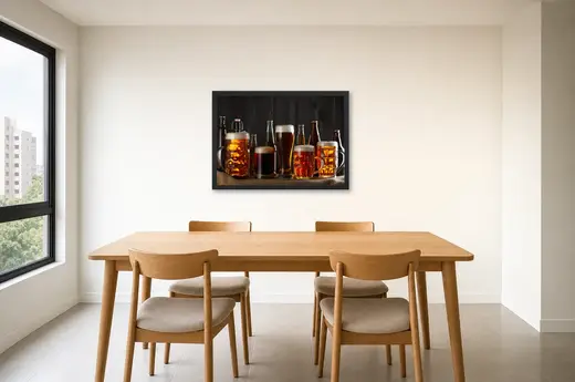 Pôster Variedade de cervejas em fileira emoldurado na parede: sala de jantar