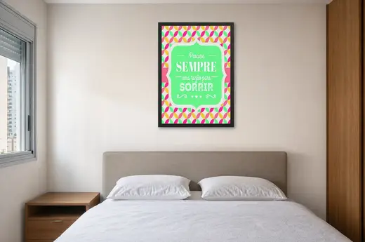Pôster Procure sempre uma razão para sorrir emoldurado na parede: quarto de casal