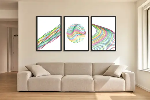 Pôster Trio de linhas coloridas em ondas emoldurado na parede: sala de estar ampla