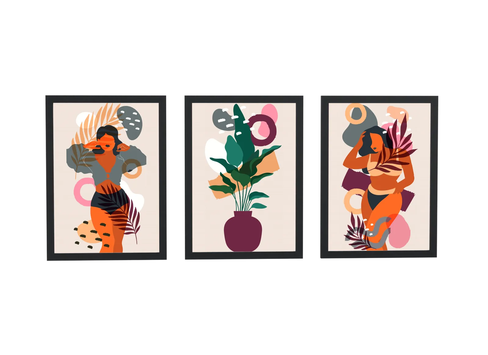 Pôster Trio boho de mulheres com folhagem emoldurado