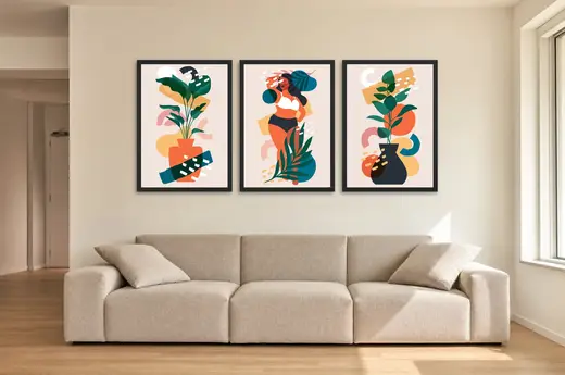 Pôster Trio boho de vasos com plantas e mulher emoldurado na parede: sala de estar ampla