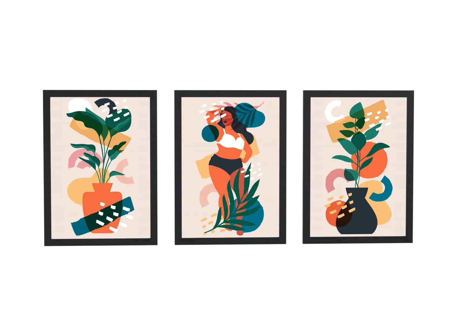 Pôster Trio boho de vasos com plantas e mulher emoldurado