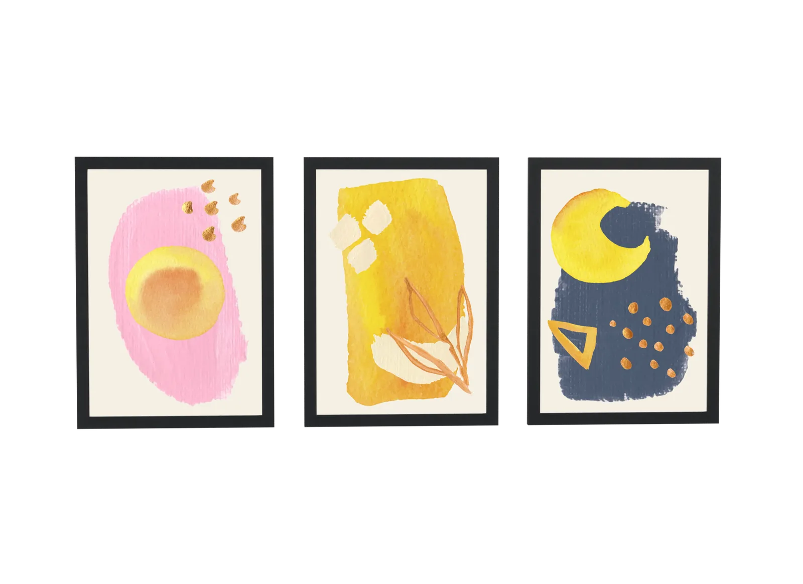 Pôster Trio aquarela em rosa, mostarda e azul-marinho emoldurado