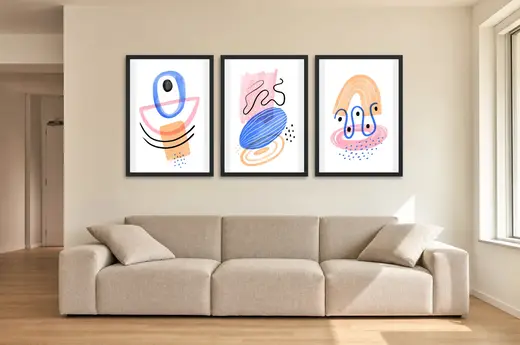 Pôster Trio abstrato em linha com azul e rosa emoldurado na parede: sala de estar ampla