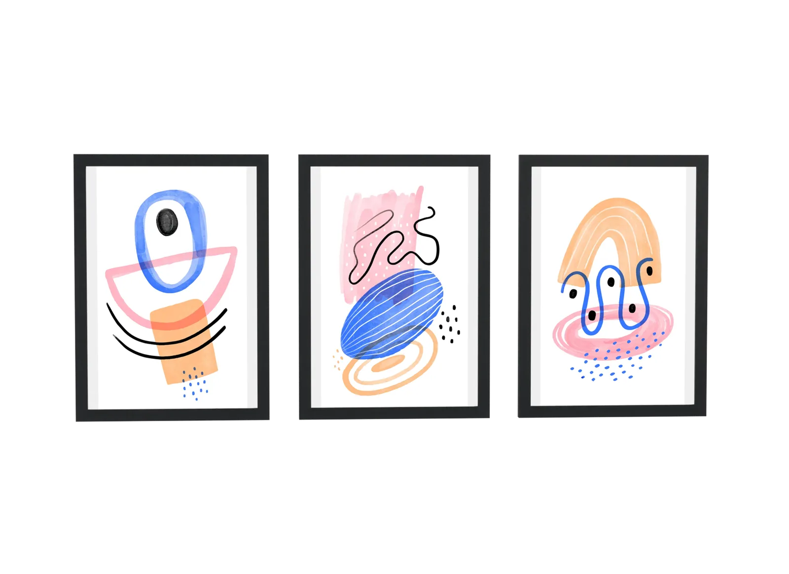 Pôster Trio abstrato em linha com azul e rosa emoldurado
